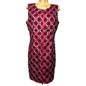 Samuel Dong Dress Womens Large Red Textured Ribbon Full Zip Sleeveless Cocktail